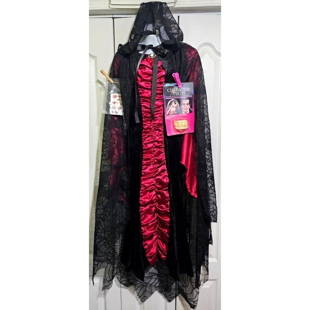Vampire Costume Girls 10-12 Victorian Velvet Satin Dress Hooded Bat Cape Fangs